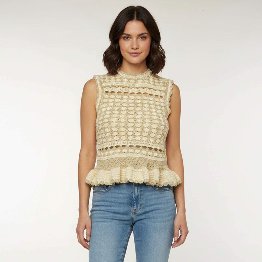Zimmermann Wanderlust Crochet Frill Top in Metallic Gold Cream 2 US 8